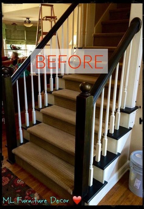 Refinish Staircase, Staircase Banister Ideas, Black Banister, Black Painted Stairs, Painted Banister, Painted Stair Railings, Oak Banister, Black Stair Railing, Redo Stairs