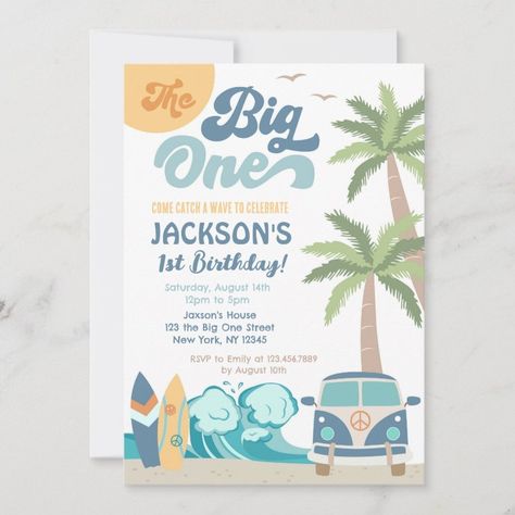 The Big One Surf Beach 1st Birthday Invitation  Zazzle Beach 1st Birthday, The Big One Surf Birthday, The Big One Birthday, Surf Birthday, Bday Shoot, Birthday Things, Boys 1st Birthday Party Ideas, Boy Birthday Party Themes, 1st Birthday Party Themes