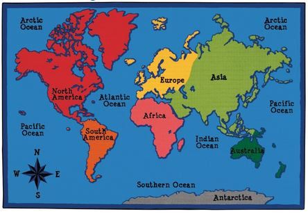 Value Line World Map Rug 4' x 6' World Map Rug, Classroom Carpets, Map Rug, Continents And Oceans, Kids World Map, Carpets For Kids, Classroom Rug, Atlantic Pacific, Alphabet And Numbers