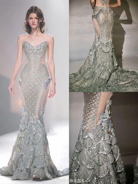 Siren Inspired Dress, Mermaid Aesthetic Dress, Met Gala Dresses Gowns, Mermaid Inspired Dress, Mermaid Tail Dress, Dress High Fashion, Sirens Fashion, Siren Dress, Mermaid Siren