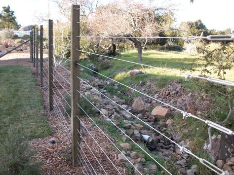 FENCE WITH CABLE | Cable Rail Fence by Arbor Fence, Inc. Minimalist Fence, Cable Fence, Cable Fencing, Hog Wire Fence, Livestock Fence, Tiny Luxury, Wire Fencing, Fence Gate Design, Deer Fence