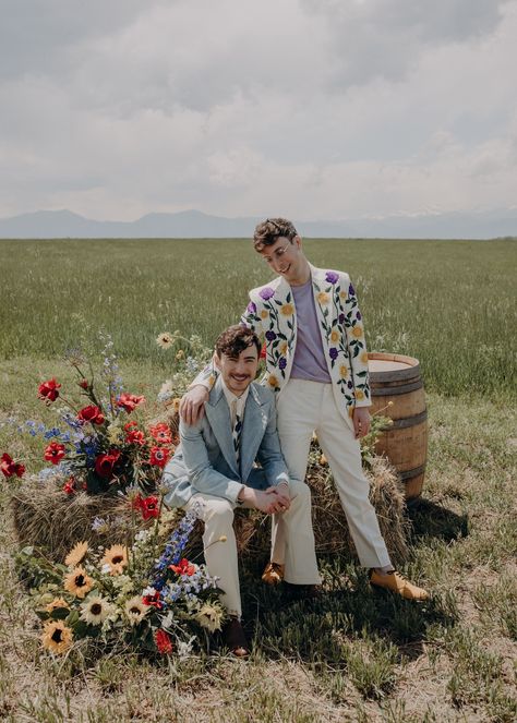 chic grooms in colorful floral wedding day looks at their fun + rustic state fair themed outdoor wedding Wedding Day Looks, Queer Weddings, Romantic Backdrop, Wild Weather, Baby S Breath, Boulder Colorado, Gay Wedding, State Fair, Green Wedding Shoes