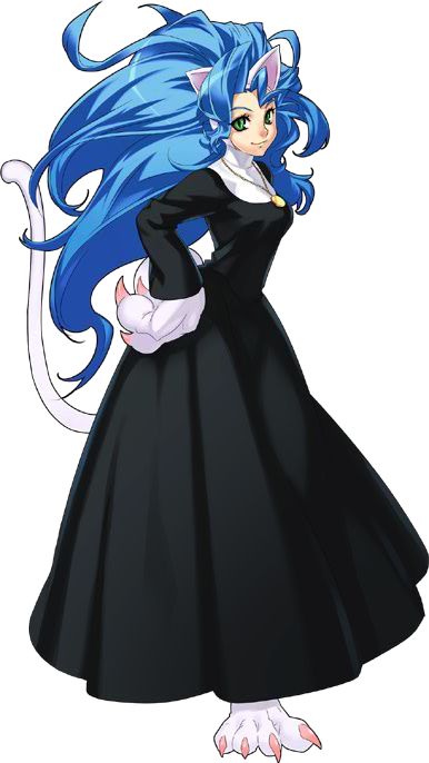 animal_ears big_hair blue_hair capcom cat_ears cat_tail claws cross_edge dress felicia green_eyes habit hand_on_hip jewelry long_hair nakamura_tatsunori necklace nun official_art paws pendant smile solo standing tail transparent_background vampire_(game) very_long_hair Felicia Darkstalkers, Lilith Darkstalkers, Capcom Characters, Vampire Games, Hand On Hip, Capcom Vs Snk, Hip Jewelry, Capcom Vs, Cat Tail