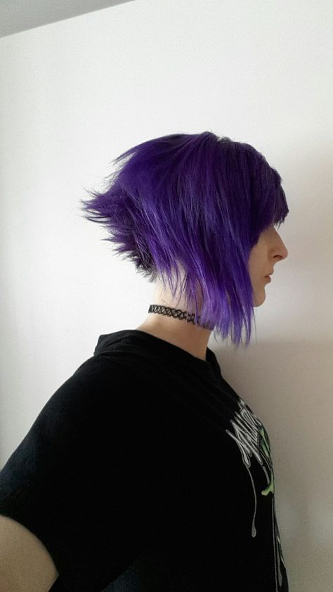 Purple Punk Hair, Purple Haircut, Tomboyish Side Tails Drawing, Tomboyish Side Tail Haircut, Long Bangs Short Back, Tomboy Side Tails Hair, Anime Undercut Hairstyle, Tomboy Twintails Haircut, Side Tail Haircut