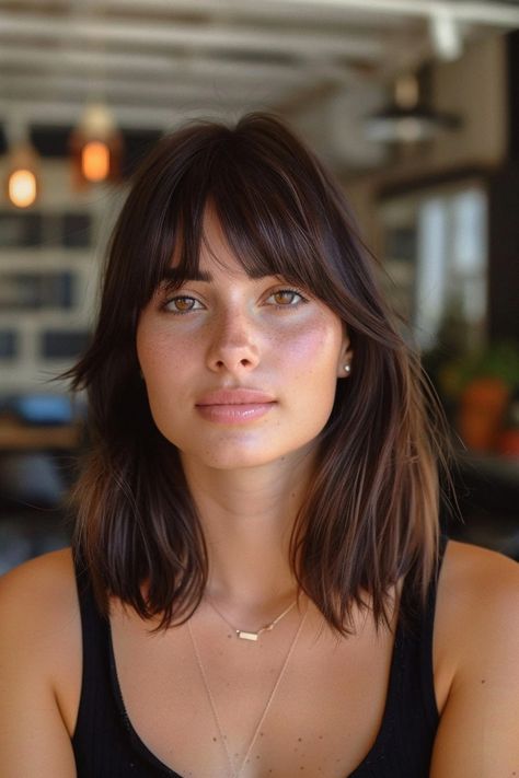 40+ Chic Shoulder-Length Hair Ideas To Refresh Your Look This Year - Flo's Blog Shoulder Bangs Haircut, Shoulder Length Hair With Layers And Curtain Bangs Straight Hair, Bob Over 40 For Women, Style Collarbone Length Hair, Romantic Shoulder Length Hair, Medium Hair One Length, Hair For Woman In 40's, Bang Length Face Shapes, Shoulder Length Hair French