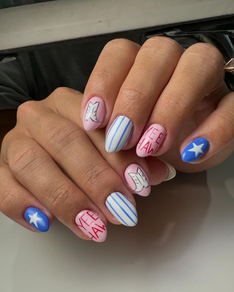 For all my Utah friends, happy rodeo week! We went and it was so fun! We just had to do a set of rodeo themed nails for Pioneer Day! 🤩 Inspo: @nails__by__maya All tools used from @polishedpinkiespro use code “KWAY10” to save Colors: Stella, Whiteout, Blossom, Bad Romance and Shine top coat from @luxapolish • • • #nails #rodeonails #countrynails #summernails #cowgirlnails #utahnails #ogdennails #nailart #lather #lathersalonutah Kelsea Ballerini Inspired Nails, Texas Nail Ideas, Nashville Themed Nails, Lainey Wilson Inspired Nails, Texas Themed Nails, Tennessee Nails Designs, Yellowstone Nails, Texas Nails Designs, Dolly Parton Nails