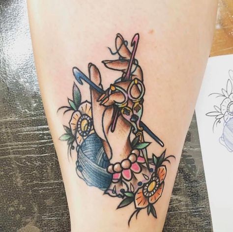 Yarn Tattoo, Cross Stitch Tattoo, Sewing Tattoos, Knitting Tattoo, Hook Tattoos, Mum Tattoo, Crochet Tattoo, Traditional Tattoo Flowers, Trending Tattoos