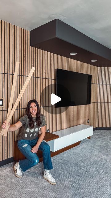 Mysha Bolen| DIY Interior Designer on Instagram: "To everyone thinking I could never do this… YOU TOTALLY CAN! … And I’ll show you how! I am so excited about how this modern media wall has come together. Have I succeeded in cooperating the ugly soffits into a cool design??? Vote below! Wood slats from @weaberlumber . . Comment ⭐️LINK⭐️ and I’ll dm you direct links to my tools used, supply list, wood slats, paint color, paintable outlets, and full tutorial! #weaberlumber #makeitweaber" Modern Media Wall, Fence Gate Design, Wood Slat Wall, Wall Borders, Kitchen Pantry Design, Wood Cladding, Acoustic Wall, Cute Bedroom Decor, Media Wall