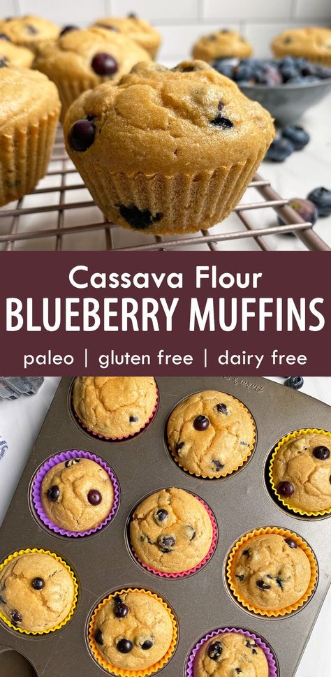 These simple, Blueberry Cassava Flour Muffins are perfect for a grain free, dairy free breakfast or snack. They're made with cassava flour, packed with fresh blueberries, sweetened with maple syrup and absolutely delicious! #cassavaflour #blueberrymuffins #healthybaking Baking With Cassava Flour, Cassava Flour Coffee Cake, Cassava Flour Recipes Muffins, Cassava Flour Buns, Cassava And Almond Flour Recipes, Cassava Flour Cake, Cassava Flour Desserts, Cassava Muffins, Grain Free Meals