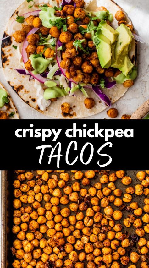 These vegan Chickpea Tacos are almost TOO easy to put together. Featuring roasted chickpeas, spicy avocado sauce, and fresh veggies, make them for a quick and protein-packed dinner during Meatless Monday, Taco Tuesday, and more. Veggie Tacos Recipes, Basic Meals, Vegan Chickpea Recipes, Vegan Shredded Cheese, Chickpea Recipes Roasted, Best Zucchini Recipes, Chickpea Tacos, Veggie Tacos, Taco Dinner