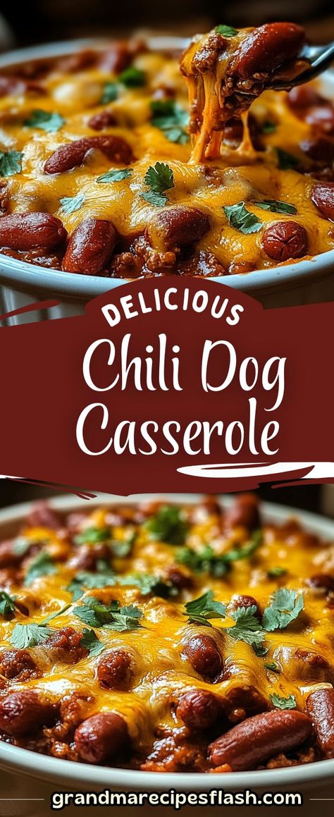 This hearty and cheesy Chili Cheese Dog Casserole is the perfect comfort food for any occasion. Loaded with hot dogs, chili, and melty cheddar cheese, it's an easy, crowd-pleasing meal. Chili With Hot Dogs In It, Chili Dog Casserole With Biscuits, Chili Dogs Casserole, Chili Cheese Dogs In Oven, Crockpot Hearty Meals, Meals To Make With Hot Dogs, What To Make With Chili, Hot Dog Recipes Casserole, Hot Dog Casserole Recipes