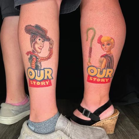 Matching Our Toy Story Cartoon Couple Color Tattoo Idea & Design on Legs Matching Our Toy Story Couple Tattoo Done At Toy Story Couple, Toy Story Tattoo, Couples Toys, Couple Tattoo, Cartoon Couple, Matching Couple Tattoos, Matching Tattoo, Cartoon Tattoos, Idea Design