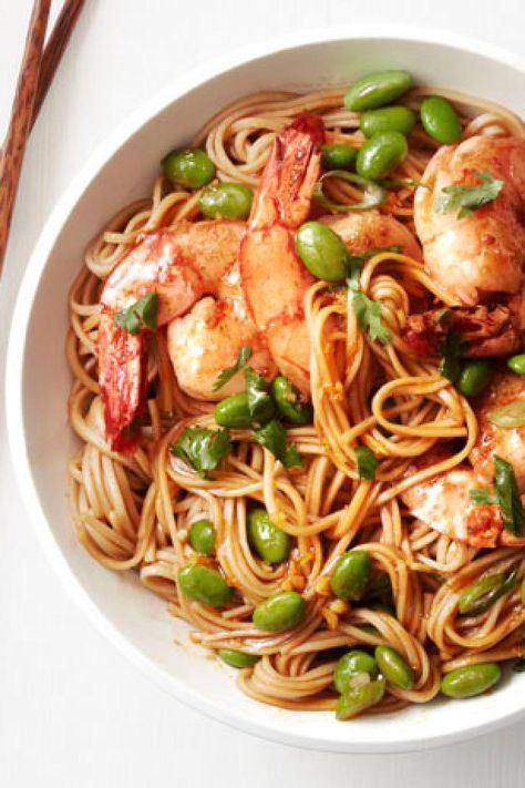 Asian Noodles with Shrimp and Edamame... Shrimp Edamame, Simple Sesame Noodles, Edamame Recipe, Noodles With Shrimp, Sesame Noodles Recipe, Asian Shrimp, Edamame Recipes, Asian Noodles, Carb Foods