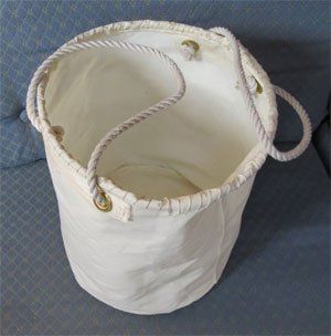 A useful canvas bucket from old sails and rope and scrap plastic - Ocean Navigator - Web Exclusives 2012 Catalina 30, Plastic Ocean, Recycled Sails, Sail Cloth, Recycled Sailcloth, Sail Bag, Ditty Bag, Sewing Machine Needle, Boat Projects