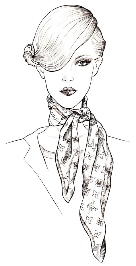 On "Fashion Police" Kelly and Giuliana made fun of Brad Goreski for his pronunciation of Louis Vuitton, well he was absolutely correct. The French pronunciation of Louis Vuitton is "Lwee VwitOH" just as Brad said. (This is Sunny Gu's illustration of a Louis Vuitton scarf.) Scarf Drawing, Fashion Illustration Face, Louis Vuitton Scarf, Fashion Design Sketch, Fashion Sketchbook, Fashion Illustration Sketches, Fashion Art Illustration, Illustration Sketches, Colouring Pages