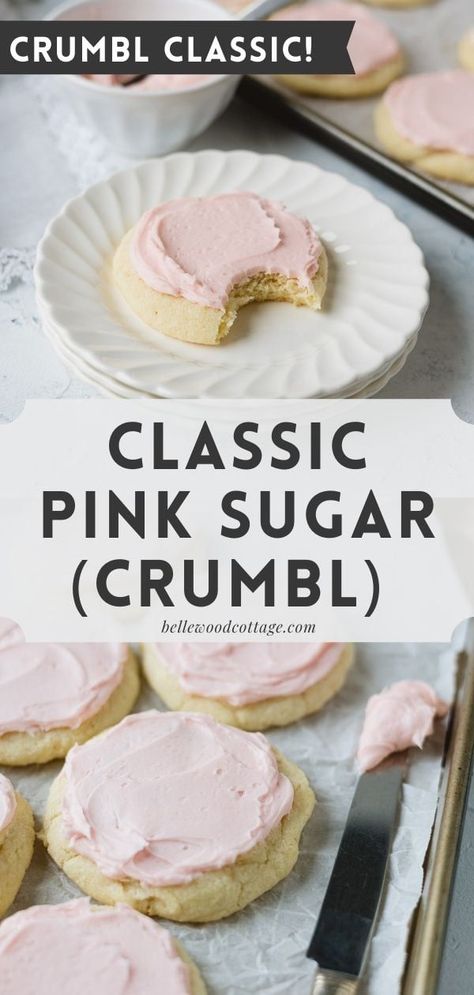 This easy copycat recipe for the Crumbl Classic Pink Sugar Cookie features a one-bowl, no-chill cookie dough. These soft sugar cookies are topped with the classic pink almond buttercream and can even be frozen for future use too. Classic Pink Sugar Cookie Crumble, Crumble Pink Sugar Cookie, Crumbl Cookie Copycat Pink Sugar, Sugar Cookie Crumbl Copycat, Pink Frosted Sugar Cookies, Copycat Crumbl Pink Sugar Cookie, Crumble Cookie Copycat Recipe Pink Sugar, Pink Iced Cookies, Crumbl Pink Sugar Cookie Recipe