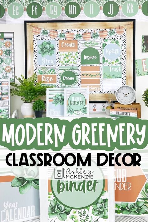 Plant Classroom Decor Themes, Green Classroom Decor Ideas, Green Preschool Classroom, Blue And Green Classroom Theme, Sage Green Bulletin Board, Leafy Classroom Decor, Twinkle Light Classroom, Botanical Classroom Theme Decor, Succulent Classroom Decor Ideas