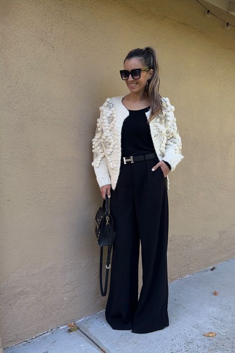 black wide flowy trousers. all black outfit, chunky sweater, fashion over 40, fashion over 50. How to style black wide leg pants, how to style short cardigan Black Chunky Cardigan, Chunky White Sweater, Black Chunky Knit Acrylic Cardigan, Black Acrylic Cardigan, Black Knitted Acrylic Cardigan, Black Fur Cardigan, White Sweater Outfit, Short Cardigan, Sweater Outfit