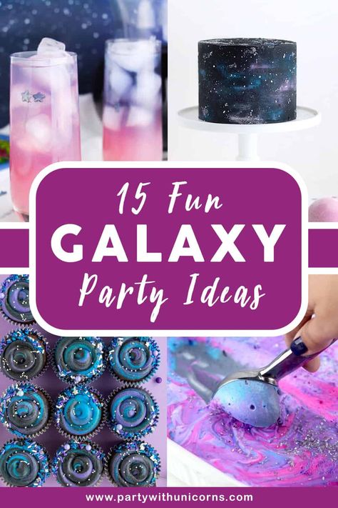 Galaxy Theme Party Favors, Cosmic Birthday Party Decorations, Purple Galaxy Birthday Party Ideas, Purple Space Birthday Party, Galaxy Theme 1st Birthday Party, Space Themed Party Punch, First Birthday Galaxy Theme, Diy Galaxy Party Decorations, A Wrinkle In Time Party Theme