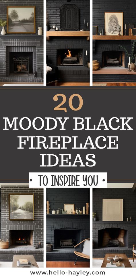 20 Moody Black Fireplace Ideas To Inspire You Black Fireplace Brown Mantel, Gray Mantle With White Brick, Black Trim Fireplace, Tile Around Fireplace Ideas Farmhouse, Black Fireplace With Gold Accents, Black Painted Mantel Fireplaces, Soap Stone Fireplace Hearth, Painting A Brick Fireplace Black, Moody Fireplace Mantle