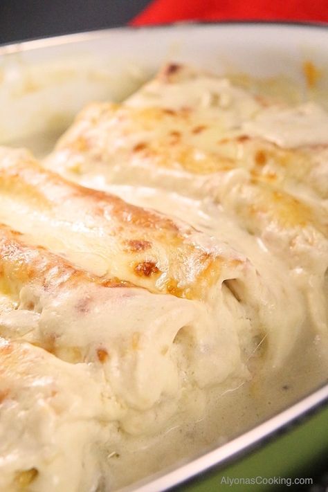 White Chicken Enchiladas Recipe | Alyona's Cooking 1pan Meals, Creamy Enchiladas, Cheesey Chicken, Mexican Recipies, Stomach Rumbling, Chicken Enchiladas Recipe, Bbq Pitmasters, Chili Relleno, White Chicken Enchiladas