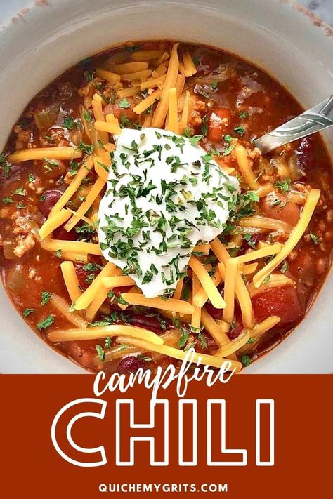 Want to go camping without leaving the house? It's time for some hearty Campfire Chili! This recipe is rich, smoky, and tastes like it's been cooked over a campfire for hours. It tastes great over a campfire too! #chili #campfirechili | QuicheMyGrits.com Camp Chili Recipe, Campfire Chili Recipe, Campfire Chili, Chilli Soup, How To Cook Chili, Tailgate Parties, Sunday Dinners, Chilli Recipes, Football Party Food