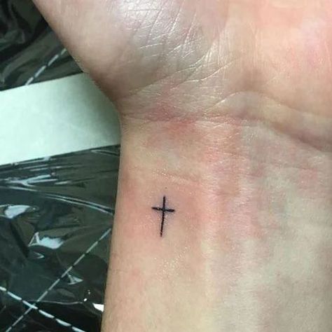 Tatoos Small Cross Wrist, Cross Mens Tattoo, Tattoo Idea Wrist, Small Cross On Wrist Tattoo, Cross Aesthetic Tattoo, Little Cross Tattoo On Wrist, Cross And Semi Colon Tattoos For Women, Cross Tattoo On Wrist For Women, 47 Tattoo Number