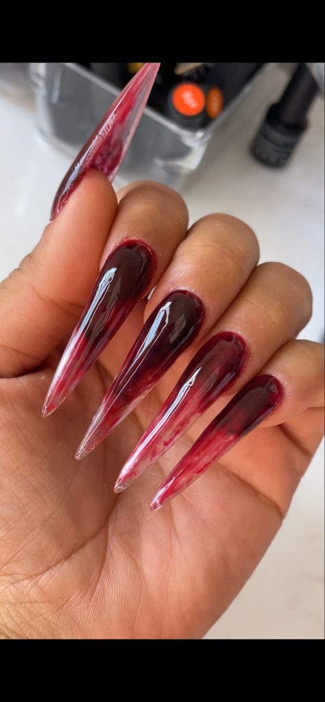 Halloween Gore Nails, Blood Nails Acrylic, Blood Acrylic Nails, Vampire Nails Acrylic, Red Blood Nails, Blood Red Nails Design, Blood Nails Design, Vampire Red Nails, Blood Dripping Nails