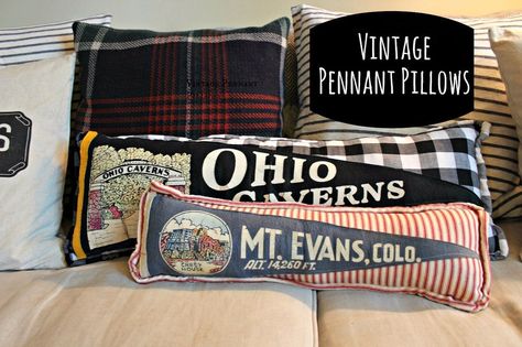 Vintage Pennant Pillows Country Living Fair, Cushion Ideas, Make A Pillow, Neutral Bedding, Pennant Flags, Traditional Interior Design, Pennant Flag, Crafty Mama, Sewing Pillows