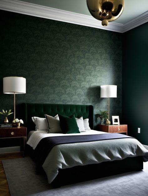 Dark Green Bedroom Ideas That Will Inspire You - Amanda Katherine Dark Green Headboard, Green Bedroom Theme, Green Moody Bedroom, Dark Green Bedrooms, Dark Green Bedroom Ideas, Dark Green Bedroom, Vibe Green, Dark Green Rooms, Green Headboard