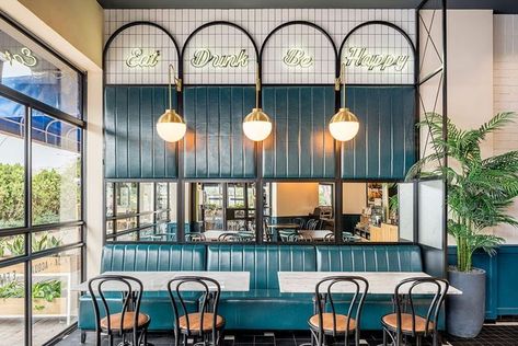 Hints of art deco with brass and curves with teal upholstery and gorgeous neon. BIGA #cafe by RUST architects #interiordesign #cafe #banquette #benchseating #teal #artdeco Cafe Pictures, Café Design, Design Café, Art Deco Interior Design, Design Restaurant, Coffee Shop Design, Cafe Interior Design, Dark Interiors, Salou