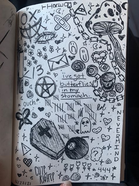 spooky doodles Grunge Drawing Ideas, Grunge Drawing, Doodles Easy, Doodle Page, Notebook Drawing, Hand Doodles, Arte Grunge, Cool Doodles, Doodle Pages