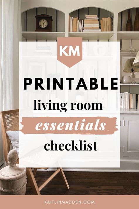 My Living Room Essentials Checklist (Printable!) - Kaitlin Madden Household Items Checklist, Kid Friendly Coffee Table, Living Room Checklist, Living Room Items, Room Checklist, Essentials Checklist, Room Items, Free Wall Art, Checklist Printable