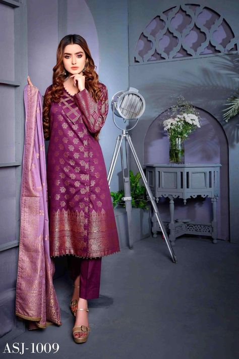 Amna Sohail Cotton Cambric - Design ASJ 1009 - *Best Sellers Restocked* Buy Now https://www.thefashionstation.in/product/amna-sohain-cotton-cambric/ Banarsi Suit Design, Banarsi Suit, Pakistani Suit, Jacquard Shirt, Dress Design Patterns, Pakistani Suits, Suit Designs, Pakistani Fashion, Kurti Designs