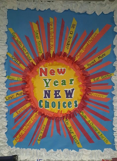 New year bulletin board Skeens Office Bulletin Board Ideas, Learning Pit, New Year Bulletin Board, Counseling Bulletin Boards, Nurse Bulletin Board, Health Bulletin Boards, Office Bulletin Boards, School Nurse Office, Work Bulletin Boards