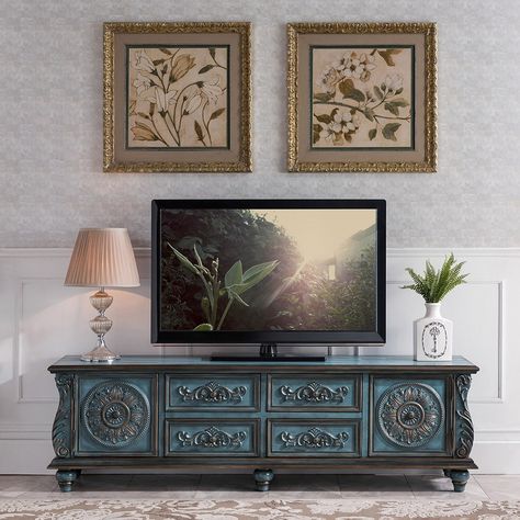 Tv Furniture Vintage, Tv Console Antique, Vintage Wood Furniture Living Room, Boho Tv Cabinet, Traditional Tv Console, Victorian Tv Stand, Antique Tv Console, Vintage Tv Stand Ideas, French Country Tv Stand