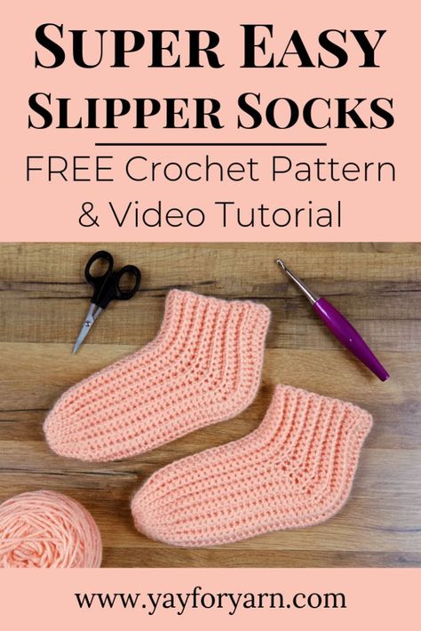 Super Easy Slipper Socks - FREE Crochet Pattern | Crochet Slipper Socks, Crochet Footwear, Easy Crochet Socks, 2023 Crochet, Crochet Baby Socks, Easy Crochet Slippers, Crochet Slipper, Spring Crochet, Crochet Socks Pattern