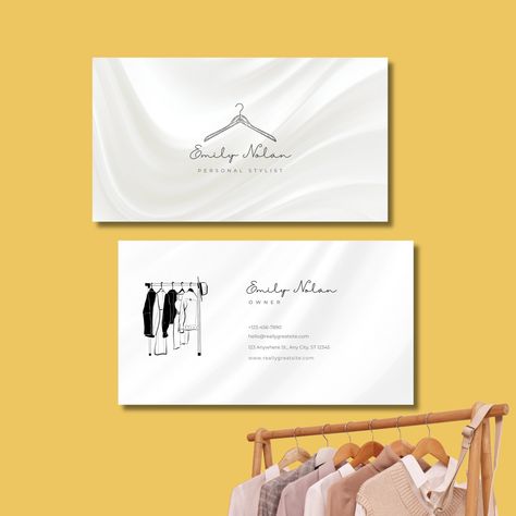 This customizable business card for a personal stylist features a minimal graphic of a hanger on one size and stylish clothes hanging in a wardrobe on the other side. Spread the word about your new small business with this unique and eye-catching calling card that seamlessly blend artistry with a professional look. Of course, you can add your own images and/or logo to align the business card with your personal brand. ** This item is an EDITABLE DIGITAL TEMPLATE which is FREELY customisable using. #FreeBusinessCards #BusinessCardDesign #SmallBusinessMarketing #ProfessionalBranding #PrintedMaterials #BusinessCardTemplates Personal Stylist Business Cards, Fashion Stylist Business Cards, Fashion Visiting Card, Business Card For Clothing Brand, Clothing Brand Business Cards, Clothing Brand Business Card, Clothes Business Card, Clothing Business Cards, Fashion Business Card