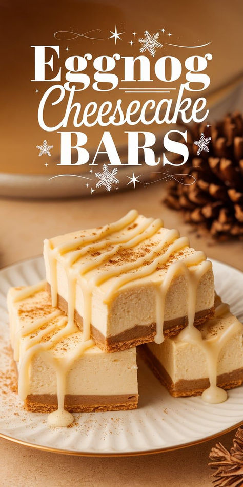 Get in the holiday spirit with these creamy Eggnog Cheesecake Bars! With a spiced graham cracker crust and rich eggnog-flavored filling, these bars are the perfect festive treat for any gathering. Eggnog Chiffon Pie, Egg Nog Cheesecake Bars, Eggnog Cheesecake Bars, Christmas Cheesecake Bars Recipes, Christmas Cheesecake Mini, Christmas Desserts With Cream Cheese, Cream Cheese Christmas Desserts, Cheesecake Bars Christmas, Eggnog Tart