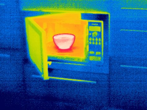 A thermal image of a bowl of food in a microwave. How does it warm up without a flame or heating element? SCIENCE PHOTO LIBRARY / GETTY IMAGES Thermal Image, Paw Cleaner, Science Photos, Microwave Ovens, Thermal Imaging, Creative Poster Design, Sky Art, The Vault, Latest Tech