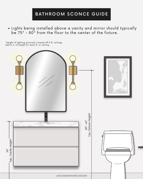 #DesignTip 💡 When it comes to bathroom sconces, finding the right lighting setup can be confusing. Follow these simple tips to achieve a beautiful and functional #lighting design: - Position matters: For lights above your vanity and mirror, aim for a height of 75" - 80" from the floor to the center of the fixture. This ensures optimal lighting without any unwanted shadows. 🔗 Read more tips on how to illuminate your space on our website. Vanity With Two Mirrors, Bathroom Mirror With Sconces, Mirror And Sconces, Vanity And Mirror, Powder Room Lighting, Small Bathroom Mirrors, Mirror Sconces, Toilet Vanity, Vanity Lights Bathroom