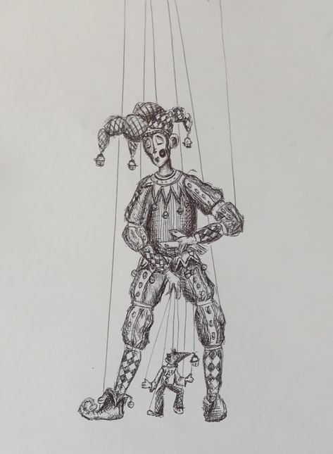 Harlequin Puppet Sketch Clown Puppet Drawing, Puppet Sketch Drawing, Puppet Art Drawing, Puppet Tattoo Marionette, Puppet Tattoo Design, Jester Puppet, Puppet Sketch, Puppet Being Controlled Drawing, Puppet Show Drawing