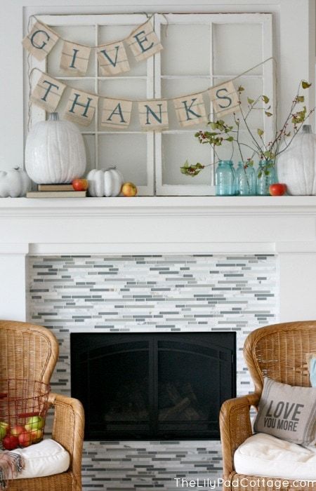 Thanksgiving Mantel Decor - The Lilypad Cottage Thanksgiving Mantle, Thanksgiving Mantel Decor, Lilypad Cottage, Mantel Christmas, Gorgeous Fireplaces, Fall Fireplace, Mantle Ideas, Double Window, Mantel Ideas