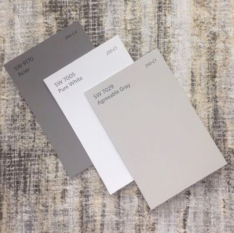 Sherwin Williams | Acier - Pure White - Agreeable Gray Sherwin Williams Acier, Gray Countertops, Agreeable Gray Sherwin Williams, Kitchen Gray, Interior Paint Colors Schemes, Sherwin Williams Gray, Repose Gray, Agreeable Gray, Exterior Paint Colors For House