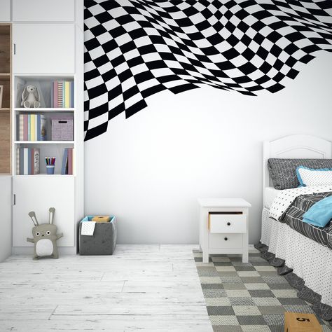 Race Car Mural, Racing Bedroom, Flag Mural, Race Car Nursery, Warm Bedroom Ideas, Boy Car Room, Wall Paint Patterns, Race Flag, Car Nursery