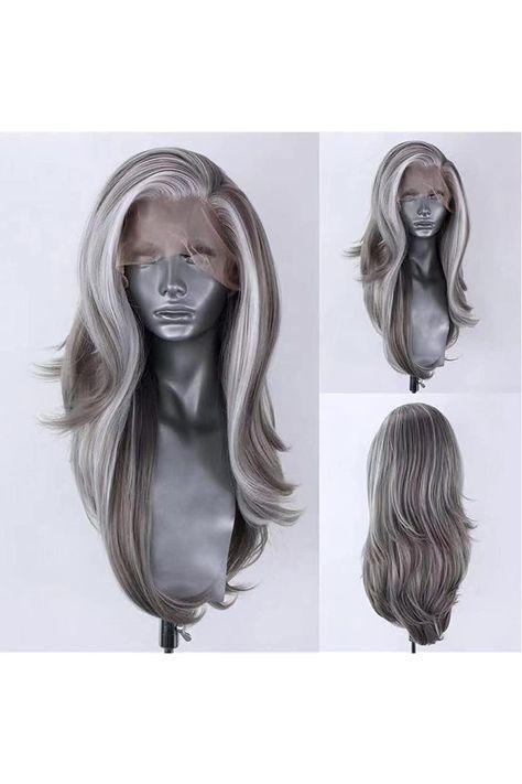 COCOFANS Silver Grey Wigs with White Highlights Natural Wave Mix Color Synthetic Lace Front Wig 22Inches Long Lace Wig Glueless Free Part Hair Replacement Daily Use Cosplay Grey Lace Front Wig, Silver Wigs, Grey Wig, White Highlights, Synthetic Lace Wigs, Hair Replacement, Lace Hair, Blonde Ombre, Mix Color