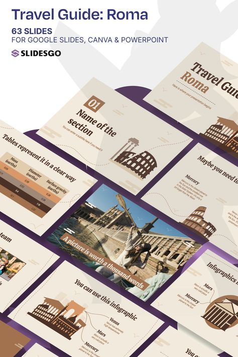 Travel Guide: Roma I Google Slides, Canva & PowerPoint Presentation Template Canva Powerpoint, School Minimalist, Brown Illustration, Rome History, Presentation Maker, Illustration Travel, Powerpoint Tutorial, Teacher Toolkit, Travel History