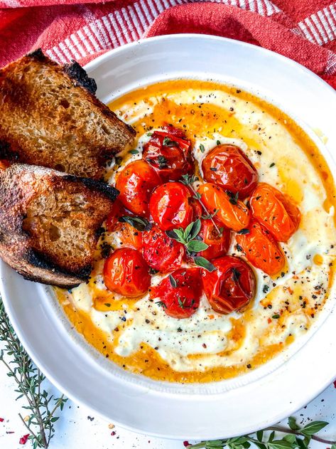 Whipped Feta Dip with Roasted Tomatoes Recipe - Everything Delish Feta Tomato Dip, Tomato Feta Dip, Everything Delish, Roasted Tomatoes Recipe, Feta Tomato, Whipped Feta Dip, Oven Roasted Tomatoes, Tomatoes Recipe, Grilled Bread