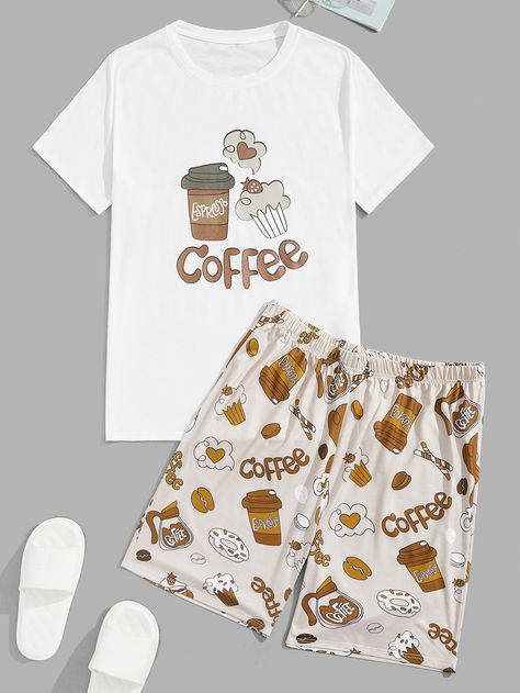 Multicolorido  Collar Manga Curta  Desenho Animado,Letra Conjuntos de Pijama Embellished Elasticidade alta  Roupa interior masculina Coffee Letter, Men Loungewear, Graphic Print Top, Hype Clothing, Men Coffee, Tee Shorts, Womens Closet, Mens Sleepwear, Short Pj Set