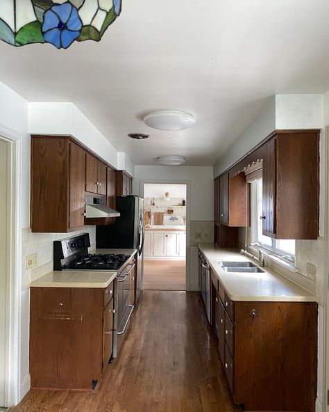 Kitchen Layout Before And After, Open Up Galley Kitchen Before And After, Galley Kitchen With Pass Through Window, Renovated Galley Kitchen, Small Open Galley Kitchen, Hallway Kitchen Remodel, How To Open Up A Galley Kitchen, Narrow Kitchen Makeover, Opening Up A Small Kitchen